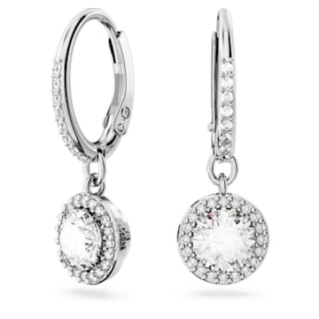 Constella drop earrings, Round cut, Pave, White, Rhodium plated