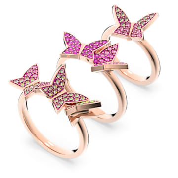 Lilia ring, Set (3), Butterfly, Pink, Rose gold-tone plated