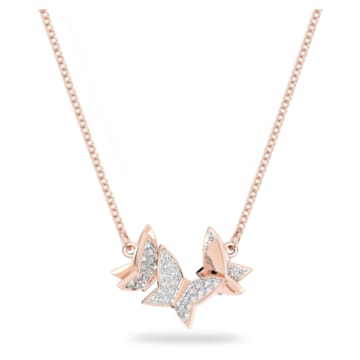 Lilia necklace, Butterfly, White, Rose gold-tone plated