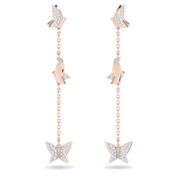 Lilia drop earrings, Butterfly, Long, White, Rose gold-tone plated