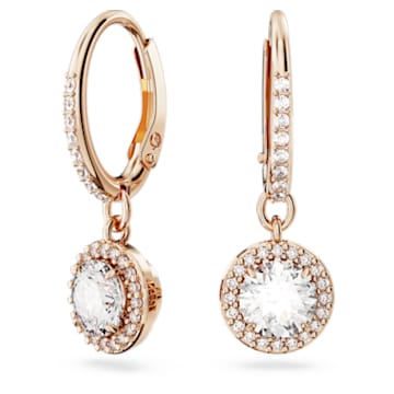 Constella drop earrings, Round cut, Pave, White, Rose gold-tone plated