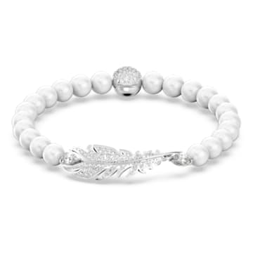 Nice bracelet, Magnetic closure, Feather, White, Rhodium plated