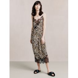 Watercolour leopard lace-trimmed silk slip dress