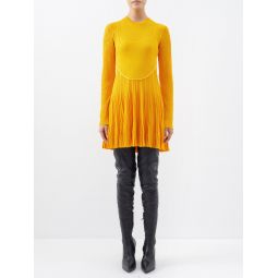 Pleated long-sleeve knitted-jersey mini dress