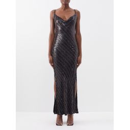 Side-slit sequinned and beaded gown