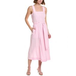 Vince Belted Square Neck Linen-Blend Midi Dress
