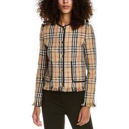 Burberry Vintage Check Boucle Collarless Leather-Trim Wool-Blend Jacket