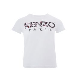 Kenzo White Cotton T-Shirt with Camouflage Logo Womens Applied