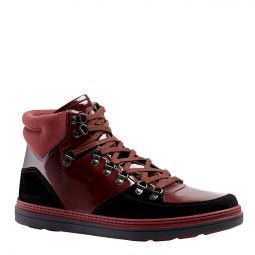 Gucci Mens Contrast Combo Dark Red Patent Leather / Suede High top Sneaker