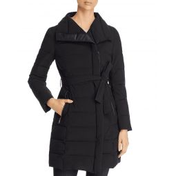 T Tahari Womens Asymmetrical Belted Puffer Coat, Black