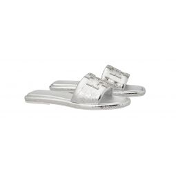 Tory Burch Womens Leather Double T Sport Slides, Silver