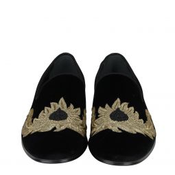 Alexander McQueen Alexander McQueen Mens Gold Embroidered Detail Black Velvet Slip On Mens Shoes