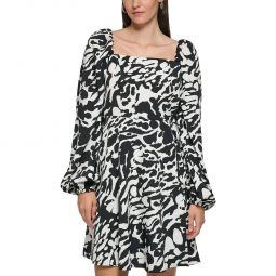 Womens Printed Square Neck Fit & Flare Dress