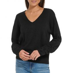 Womens Ruched 3/4 Sleeve V-Neck Sweater