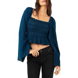 Afton Womens Smocked Bell Sleeve Cropped