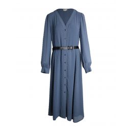 Michael Michael Kors Dotted Long Sleeve Belted Dress in Blue Polyester