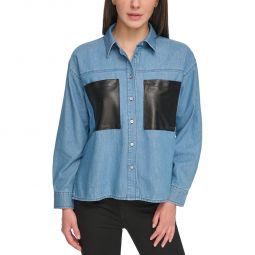 Womens Faux Leather Pockets Long Sleeves Button-Down Top
