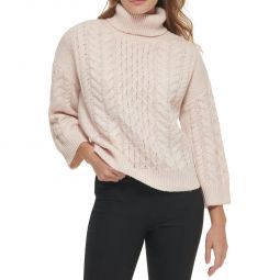 Womens Cable Knit Ribbed Trim Turtleneck Sweater