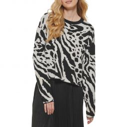 Womens Animal Print Dropped Shoulder Crewneck Sweater