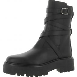 Buckled Biker Boot Womens Faux Leather Warm Mid-Calf Boots