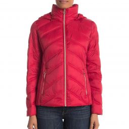 MICHAEL Michael Kors Womens Packable Quilted Chevron Puffer Down Jacket Red