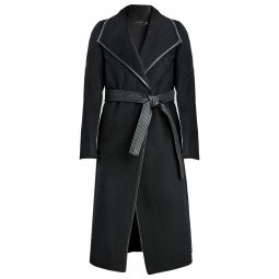Tahari Womens Black Juliette Double Face Wool Belted Coat with Faux Leather Trim