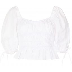 Staud Faye Puff-Sleeve Ruched Smocked Crop Top Solid White