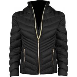 Michael Michael Kors Womens Black Chevron Double Layer Zipper 3/4 Hooded Packable Coat
