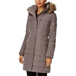 Michael Michael Kors Womens Flannel Down 3/4 Puffer Coat with Faux fur and Hood