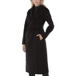 Tahari Womens Black Double Layered Collar Wool Long Coat