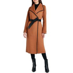 Tahari Womens Black Juliette Double Face Wool Belted Coat with Faux Leather Trim Caramel