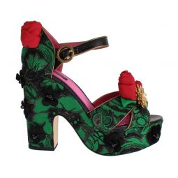 Dolce & Gabbana Green Brocade Snakeskin Roses Crystal Womens Shoes