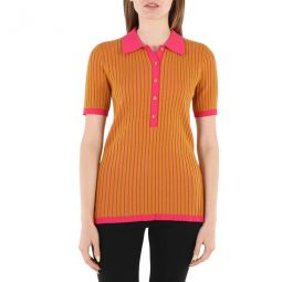 Ladies Knit Tops Solid Ochre Colorblock Ribbed Polo Shirt, Size Large