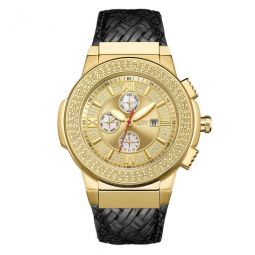 Saxon Crystal Gold Dial Black Leather Mens Watch