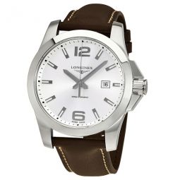 Conquest Silver Dial Brown Leather Mens 43mm Watch