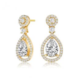 Gold Over Sterling Silver Pear with Round Cubic Zirconia Tier Drop Earrings