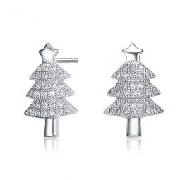 Sterling Silver Round Cubic Zirconia Pave Christmas Tree Earrings