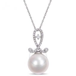 11-12mm Cultured Freshwater Pearl and 1/5 CT TW Diamond Twist Pendant with Chain In 10K White Gold
