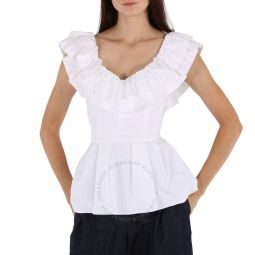 Ladies White Ruffle Peplum Blouse, Brand Size 36 (US Size 2)