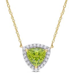 1 1/2 CT TGW Trillion Peridot and White Topaz Halo Necklace in 10k Yellow Gold