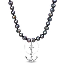 7-7.5mm Black Cultured Freshwater Pearl Mens Necklace with Large Lobster Clasp in Sterling Silver