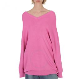 Ladies Pink Oversized V-Neck Knit Sweater, Brand Size 1 (X-Small)