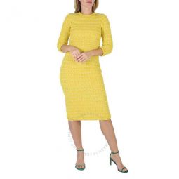 Yellow BB Button Boucle Woven Tweed Midi Dress, Size Medium