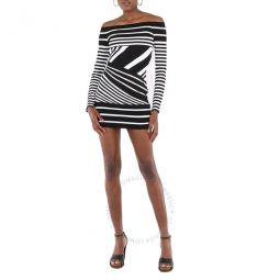 Ladies Black/White Off-Shoulder Jacquard-Stripe Mini Dress, Brand Size 34 (US Size 2)