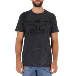 Washed Black Boy 3D Embbroidered Cotton T-shirt, Size Small