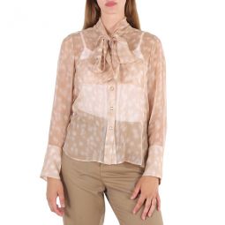 Beige Deer Print Pussybow Blouse, Brand Size 12 (US Size 10)