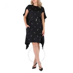 Black Antonina Embellished Asymmetric Belted Silk Dress, Brand Size 2 (US Size 0)