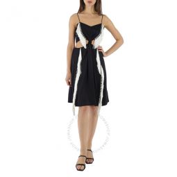 Black Silk Satin Slip Dress With Fringed Detail, Brand Size 10 (US Size 8)