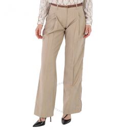 Camel Melange Wool Leather Stripe Tailored Trousers, Brand Size 6