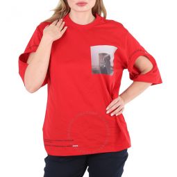 Carrick Ladies Bright Red Cut-out Detail Montage Print Oversized T-shirt, Size Small